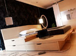 Нестандартен проект за спалня с вградени стъпаловидни плотове с чекмеджета от дясно на леглото  377-